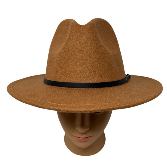 Unisex Fedora Hat Wide Brim Wool Blend Camel Brown OS Adjustable Western Cowboy - Picture 3 of 13
